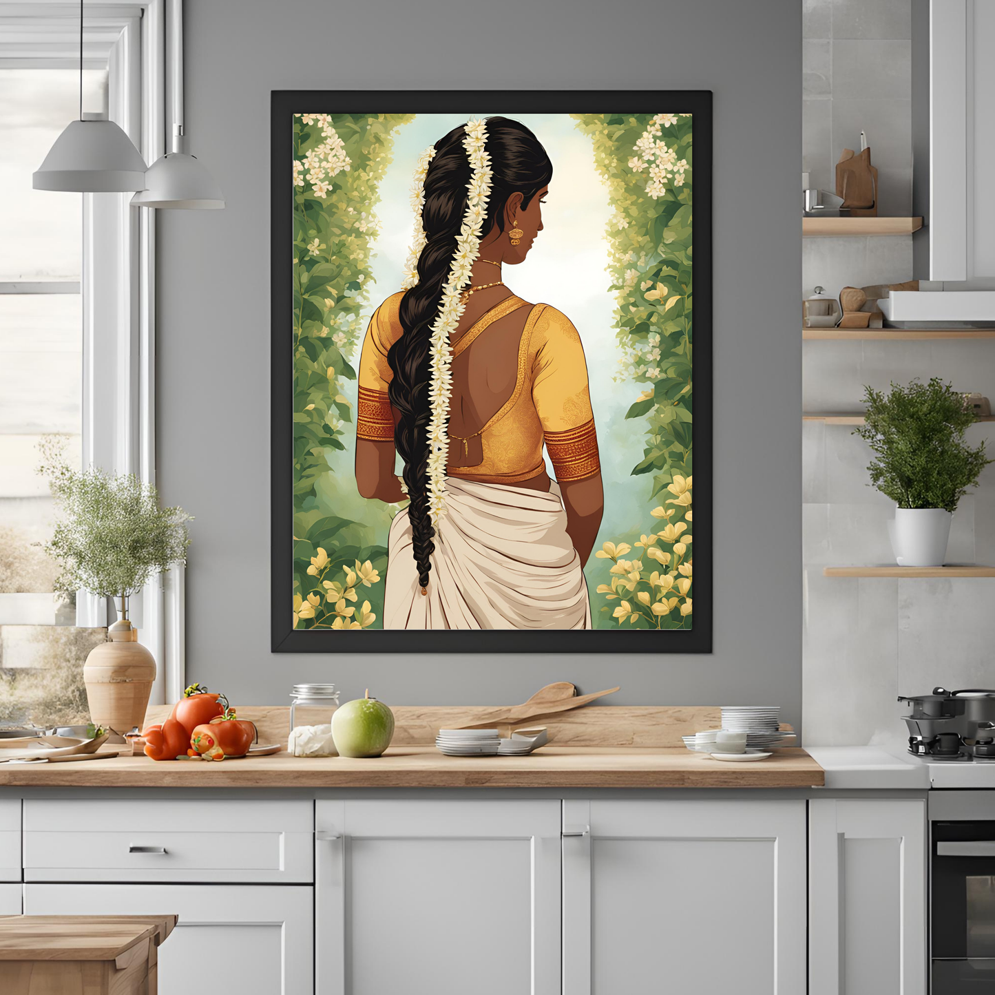 South Asian Art Tamil Girl with Floral Plait Wall Art Digital Download