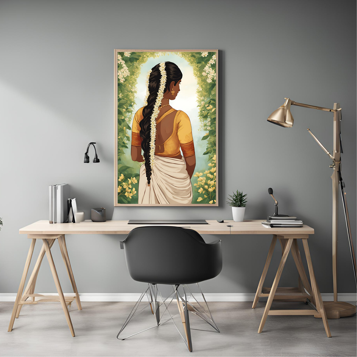 South Asian Art Tamil Girl with Floral Plait Wall Art Digital Download