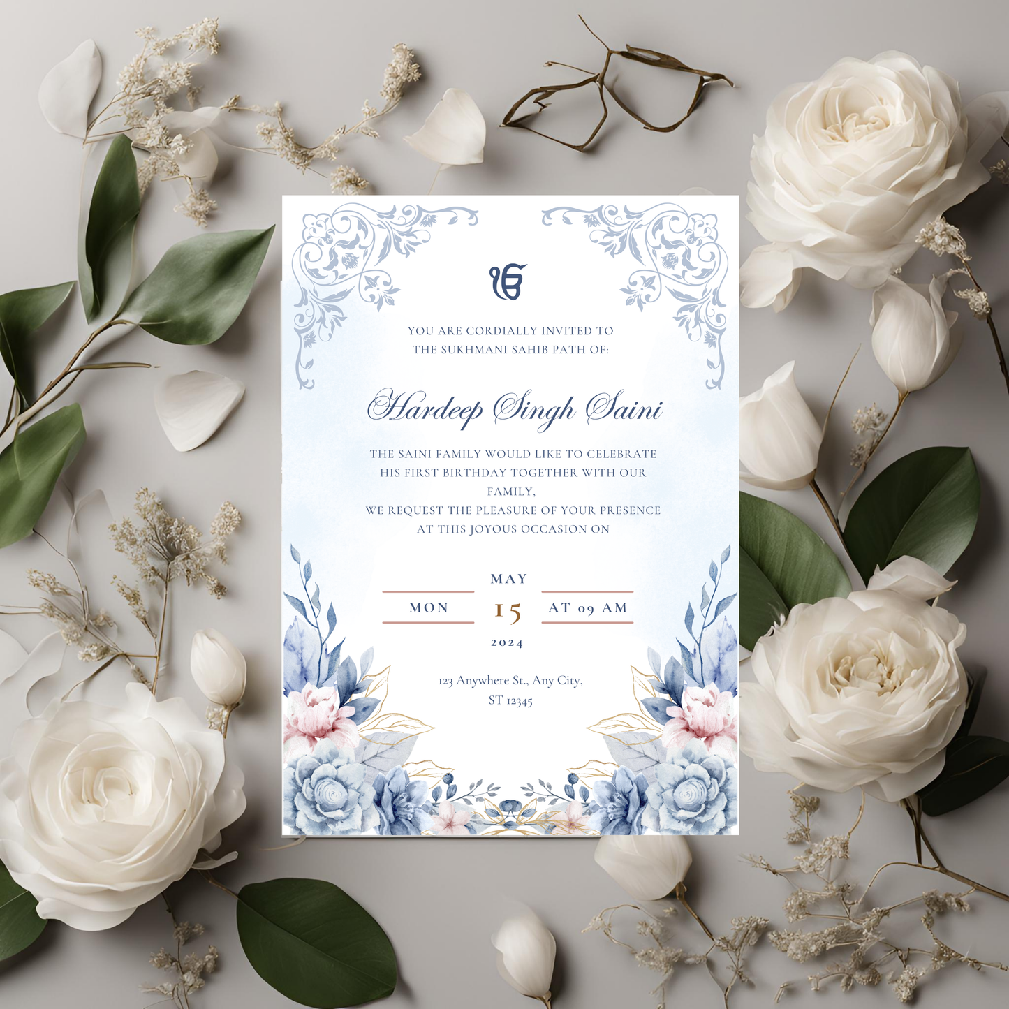 Blue Floral Sukhmani Sahib Invitation Digital Download - Online Template