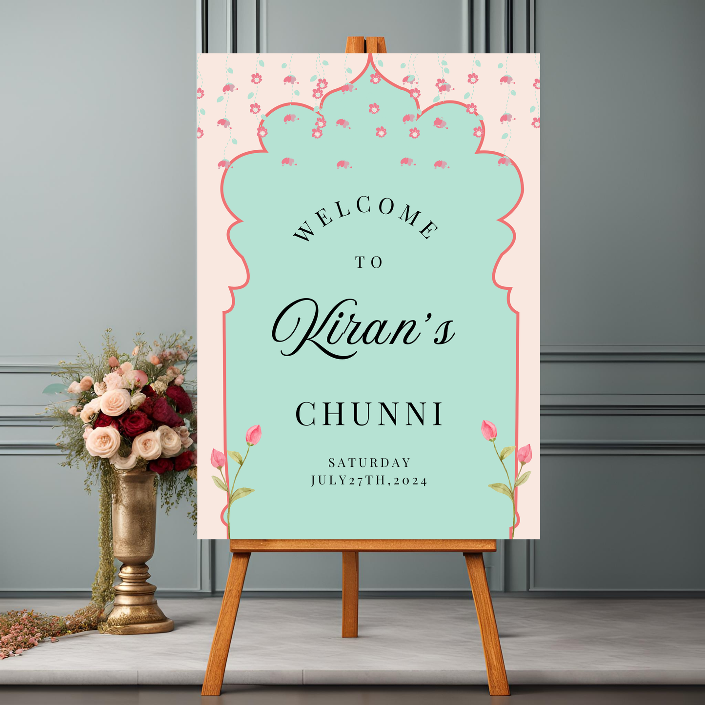 Teal Pink Flower Entrance Board Digital Download - Online Template