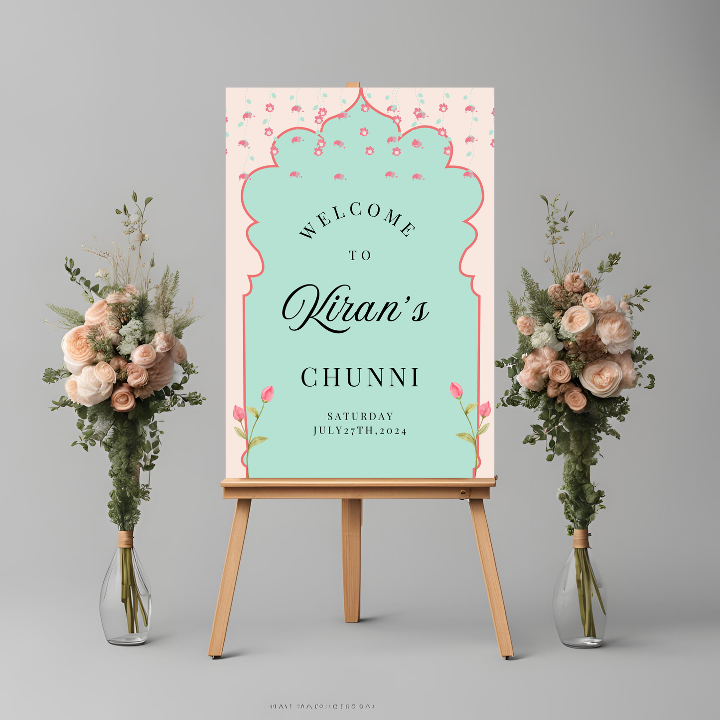 Teal Pink Flower Entrance Board Digital Download - Online Template