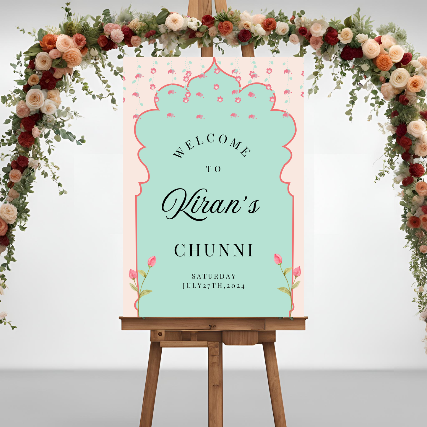 Teal Pink Flower Entrance Board Digital Download - Online Template