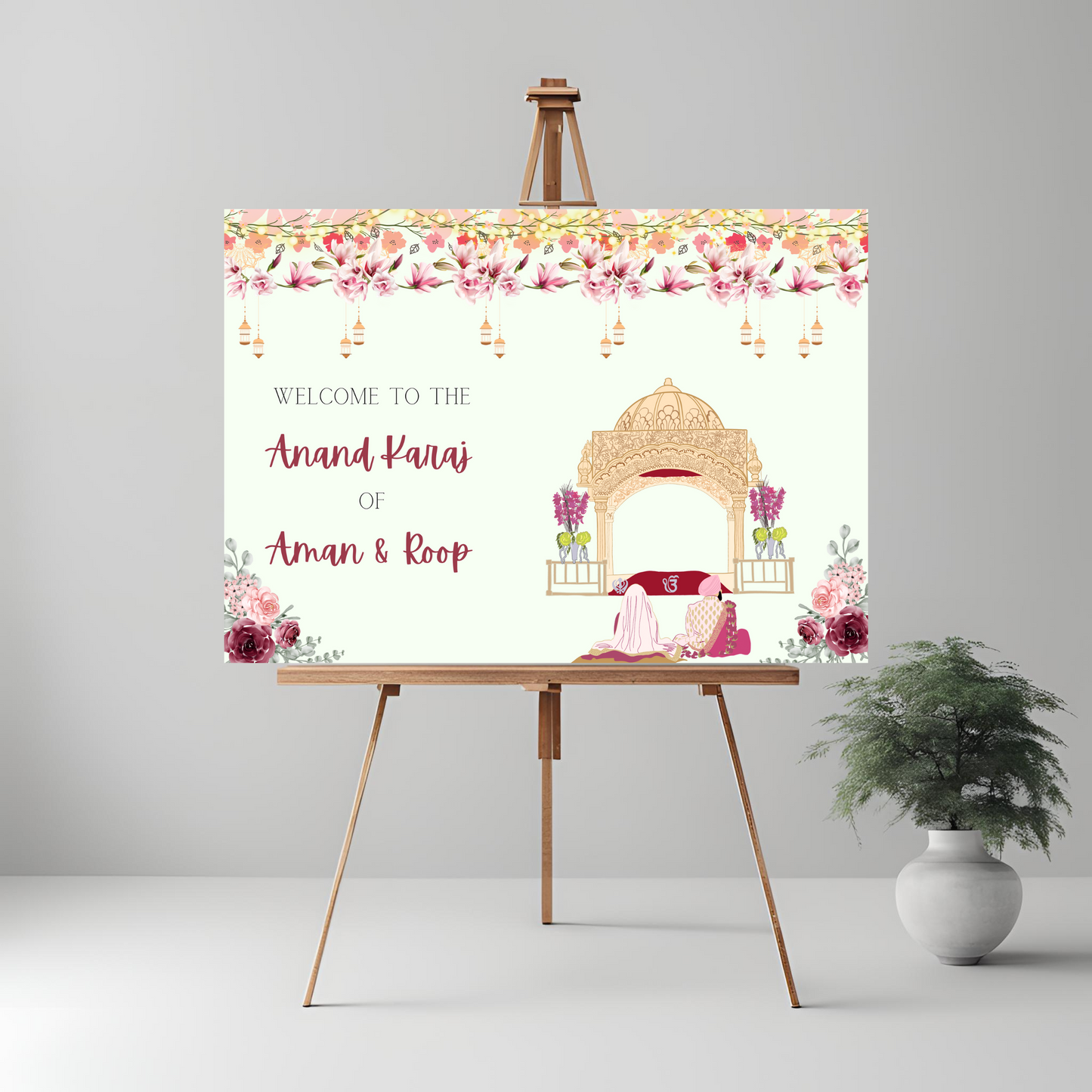 green-pink-wedding-entrance-board-digital-template-sikh-anand-karaj-A1 size