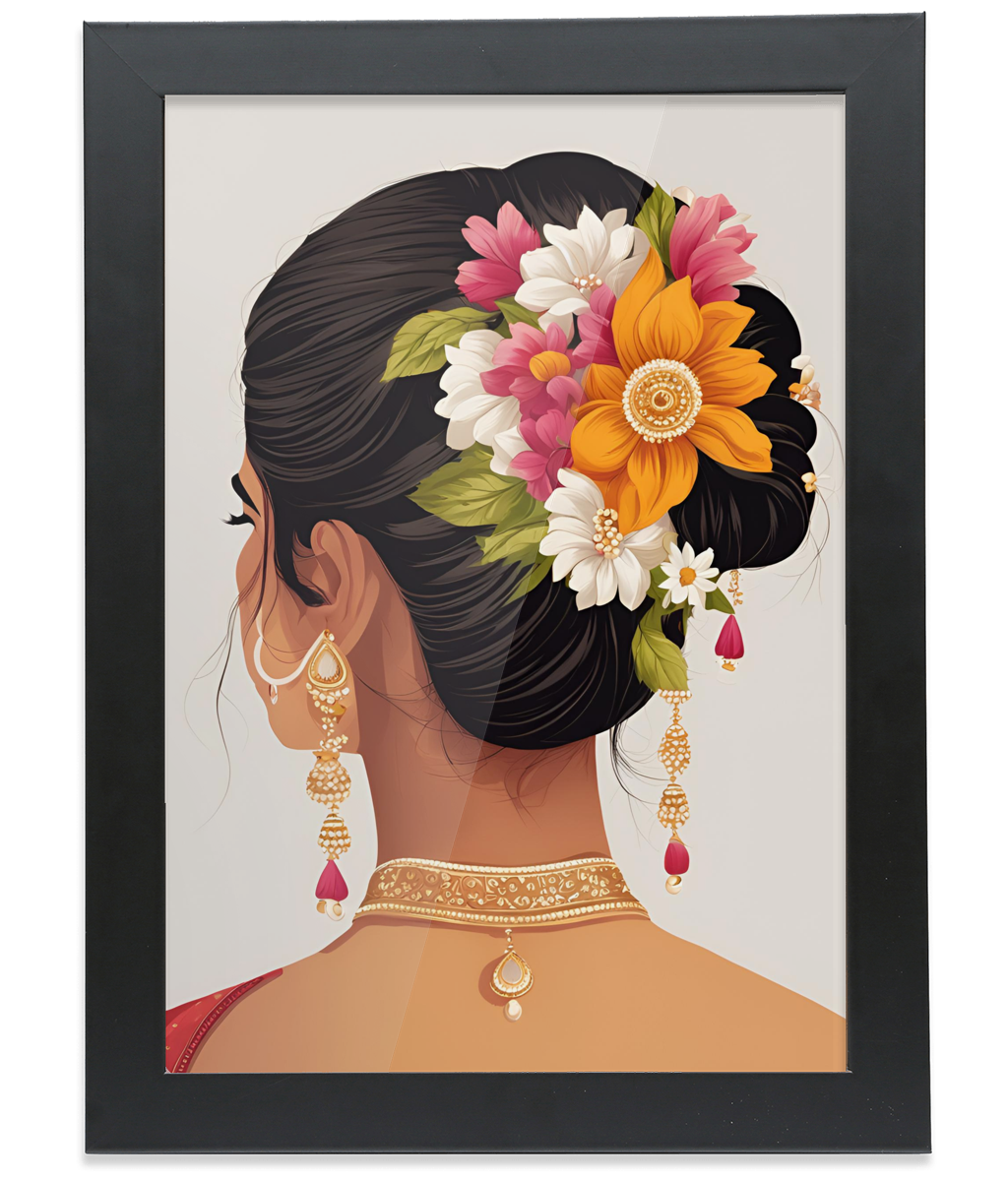Indian Dancer Gajra Framed A4 Black Portrait Print