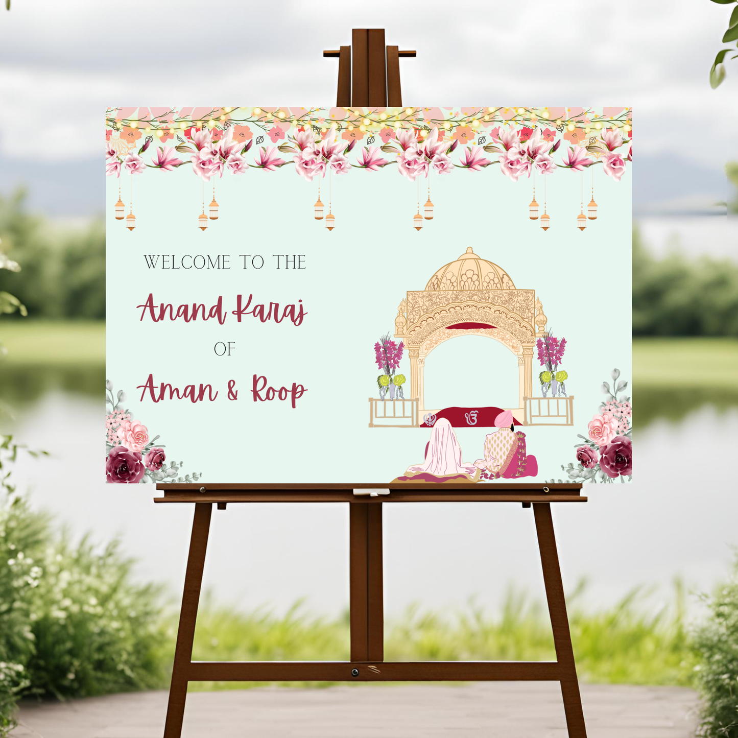 green-pink-wedding-entrance-board-digital-template-sikh-anand-karaj