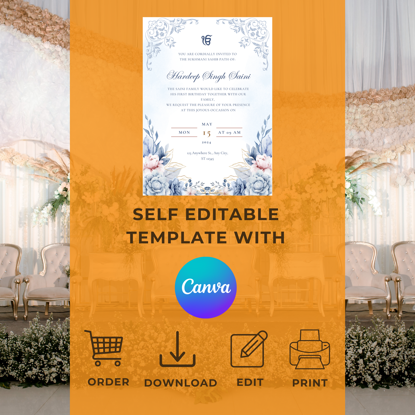 Blue Floral Sukhmani Sahib Invitation Digital Download - Online Template