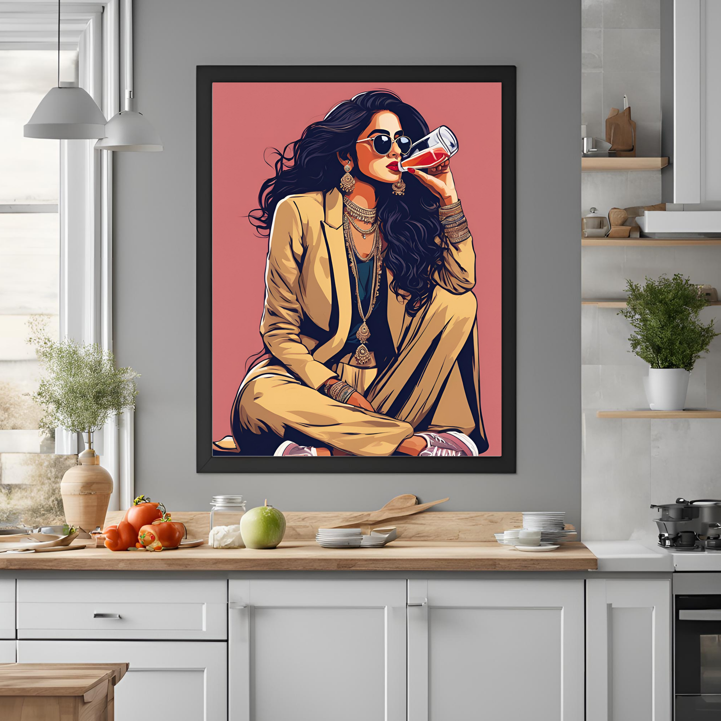 Desi Girl Drinking Juice Framed A4 Print - Portrait/Black