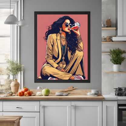 Desi Girl Drinking Juice Framed A4 Print - Portrait/Black