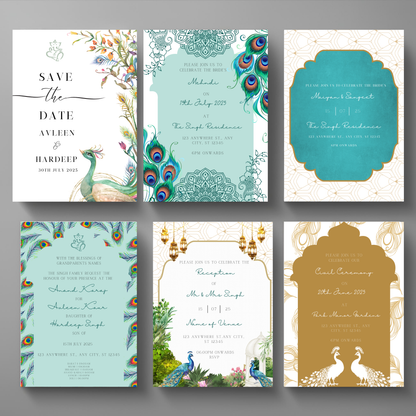 Peacock Invitations 6pcs Digital Download - Online Template