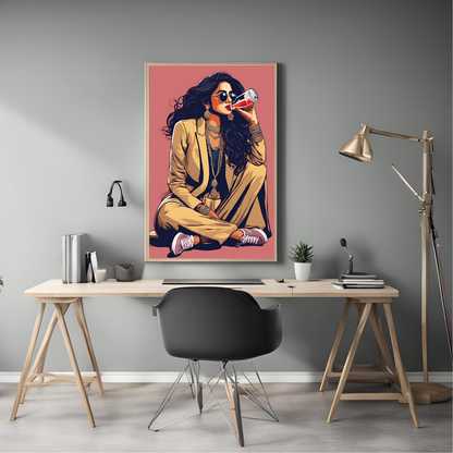 Desi Girl Drinking Juice Framed A4 Print - Portrait/Black