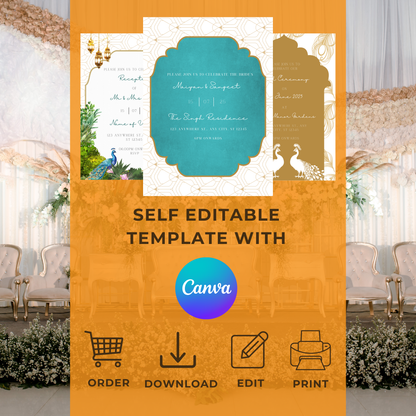 Peacock Invitations 6pcs Digital Download - Online Template