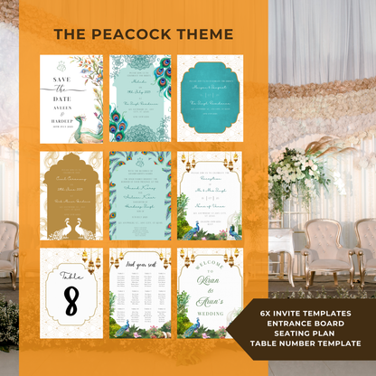 Peacock Invitations 6pcs Digital Download - Online Template