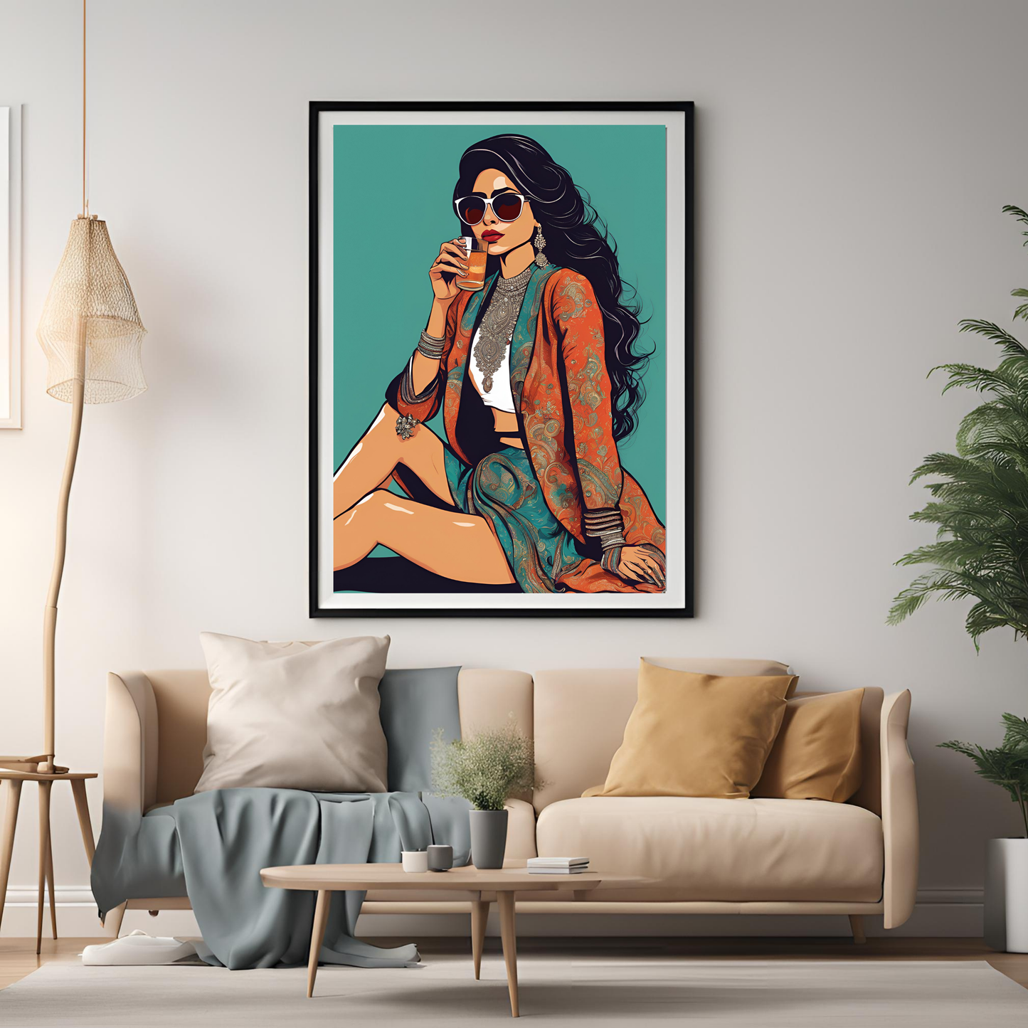 Desi Girl Drinking Juice Teal Framed A4 Fine Art Print - Portrait/Black
