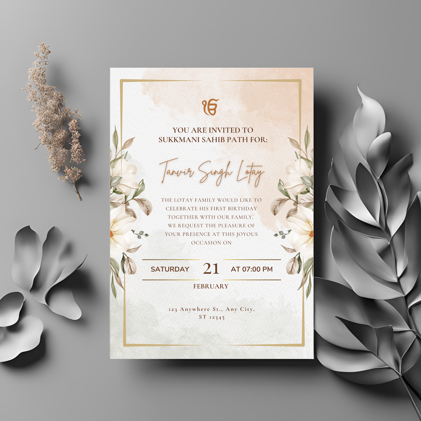 Beige Floral Sukhmani Sahib Invitation Digital Download - Online Template