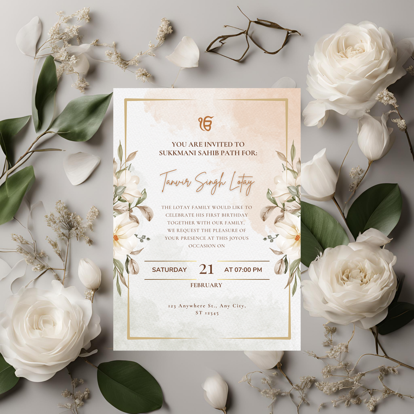 Beige Floral Sukhmani Sahib Invitation Digital Download - Online Template