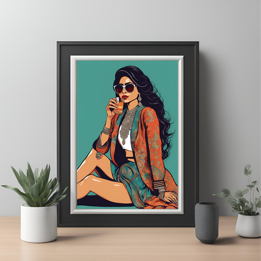 Desi Girl Drinking Juice Teal Framed A4 Fine Art Print - Portrait/Black