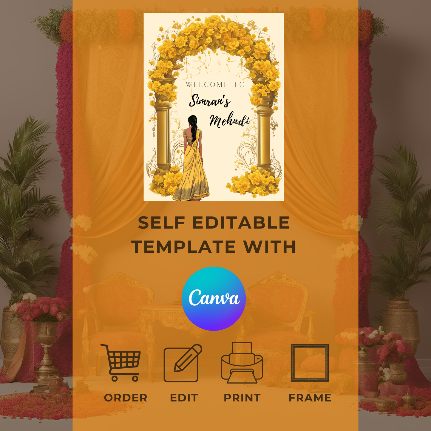 Yellow Floral Arch Entrance Board Digital Download - Online Template
