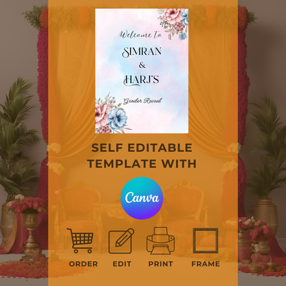 Gender Reveal Pink & Blue Watercolour Entrance Board - Online Template