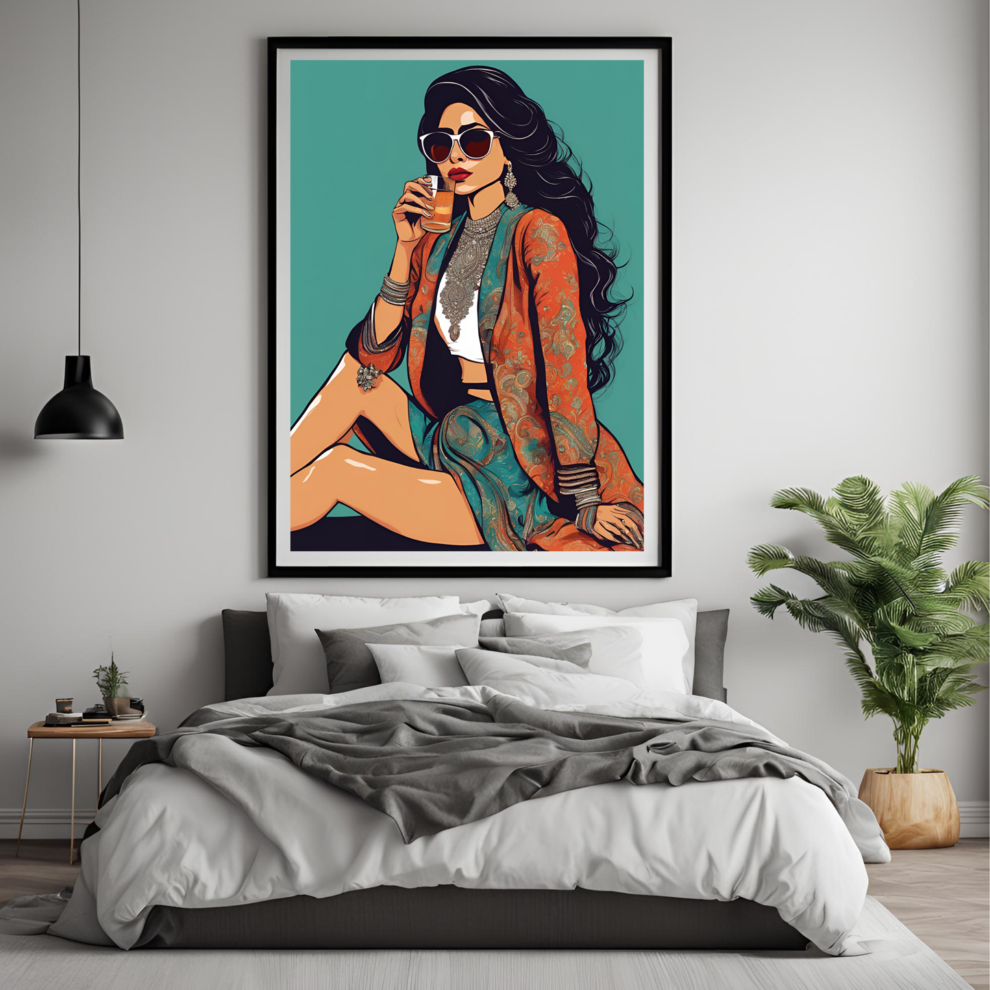 Desi Girl Drinking Juice Teal Framed A4 Fine Art Print - Portrait/Black