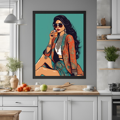 Desi Girl Drinking Juice Teal Framed A4 Fine Art Print - Portrait/Black