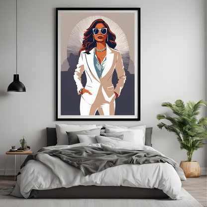 Indian Boss Girl in White Suit Black Framed A4 Art Portrait Print