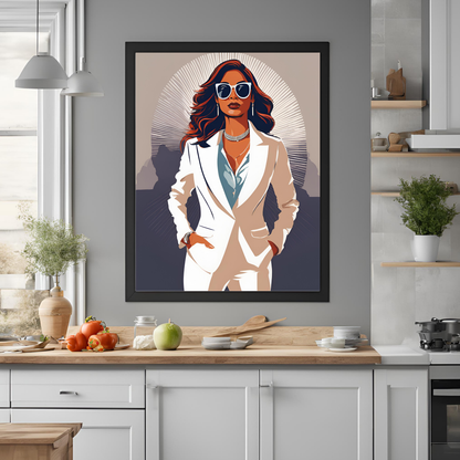 Indian Boss Girl in White Suit Black Framed A4 Art Portrait Print