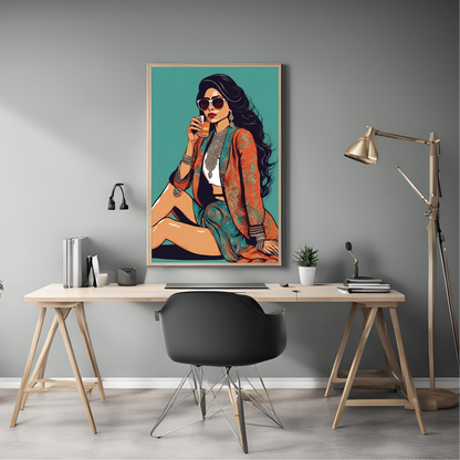 Desi Girl Drinking Juice Teal Framed A4 Fine Art Print - Portrait/Black