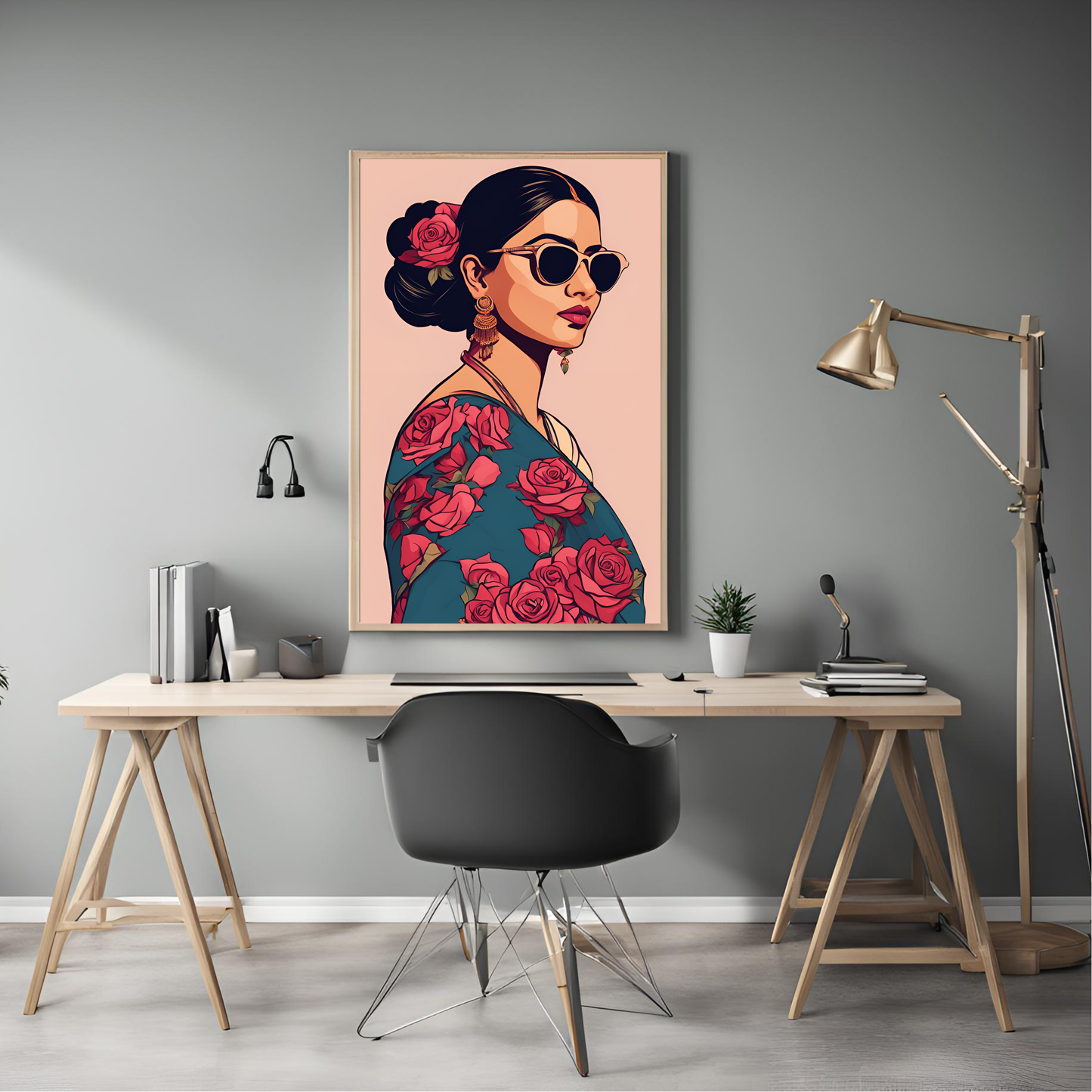 Indian Girl with Rose Saree Wall Art Digital Download
