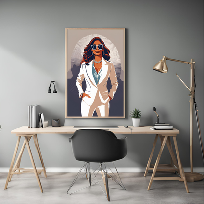 Indian Boss Girl in White Suit Black Framed A4 Art Portrait Print