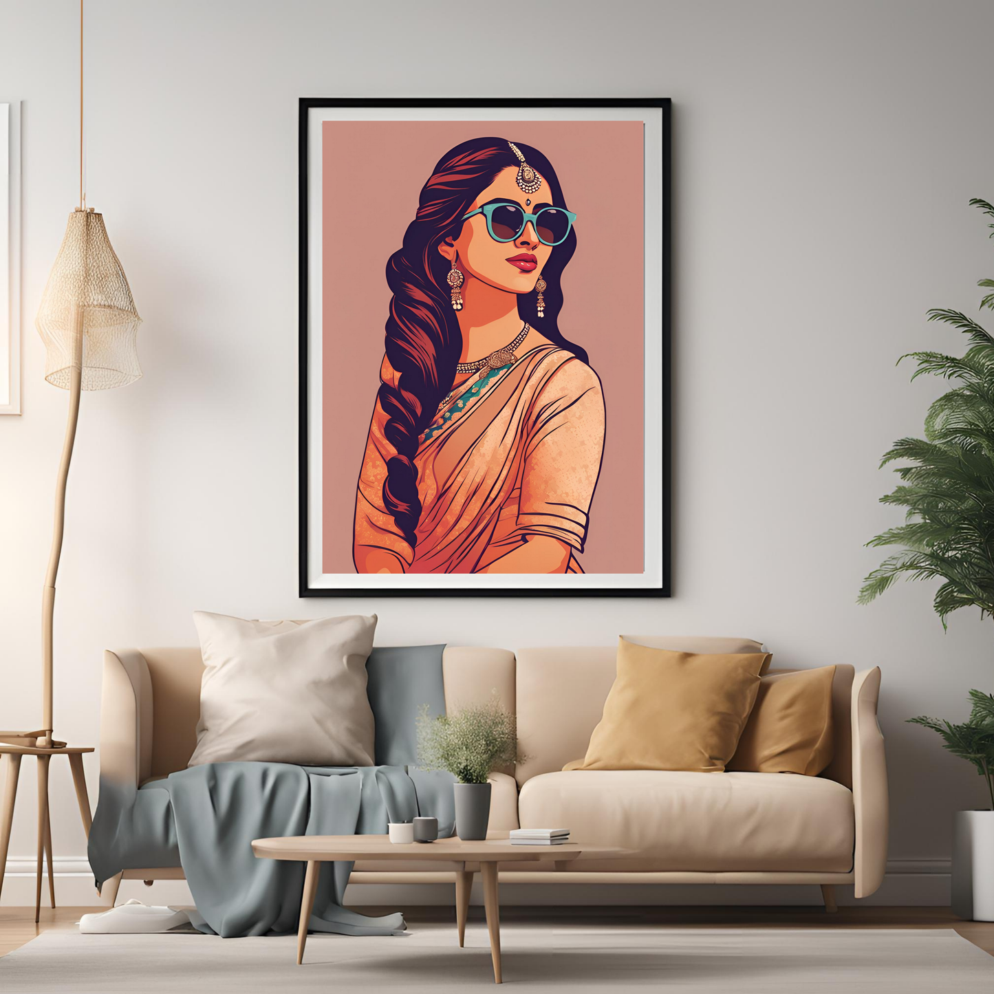 Saree & Sunglasses Neutral Framed A4 Fine Art Print - Portrait/Black