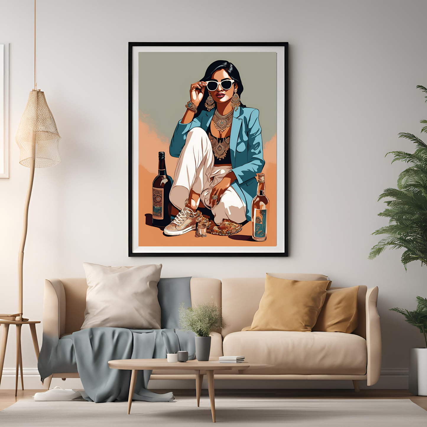 Desi Girl Drinks Framed A4 Fine Art Print - Portrait/Black