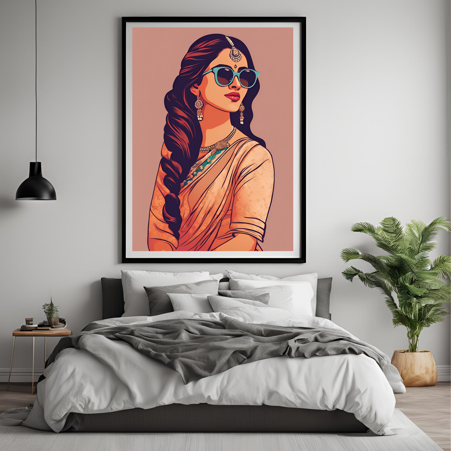 Saree & Sunglasses Neutral Framed A4 Fine Art Print - Portrait/Black