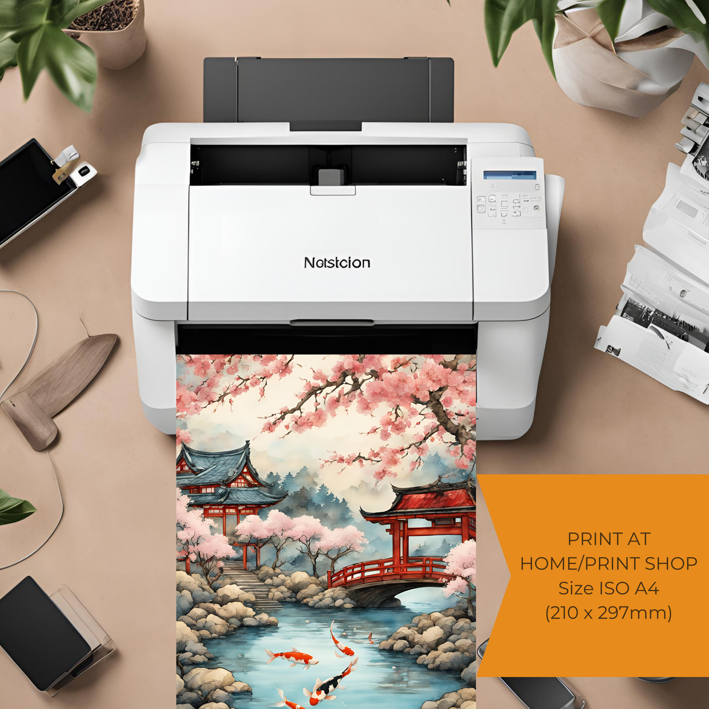 Japanese Koi Pond Landscape Digital Print - Instant Download