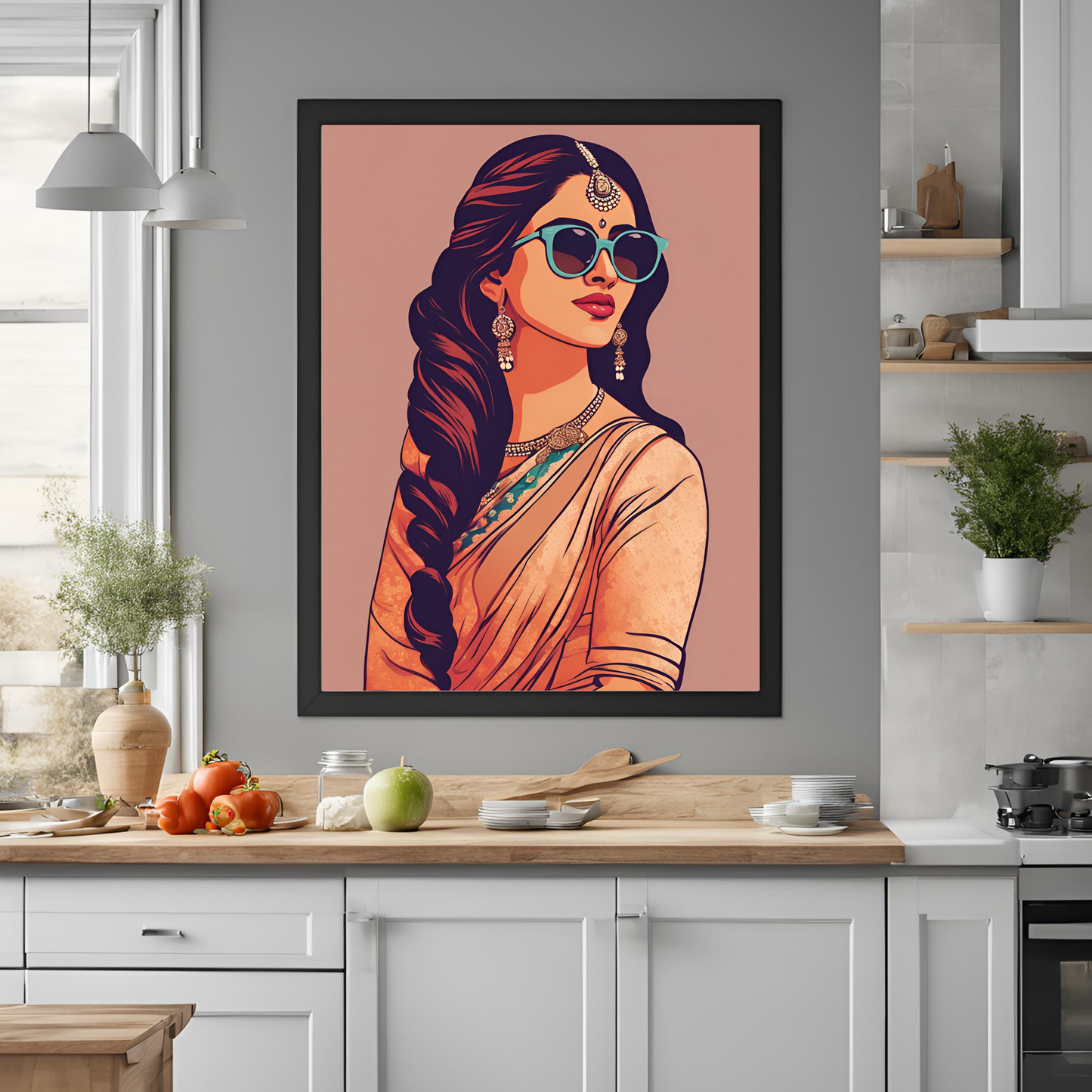 Saree & Sunglasses Neutral Framed A4 Fine Art Print - Portrait/Black