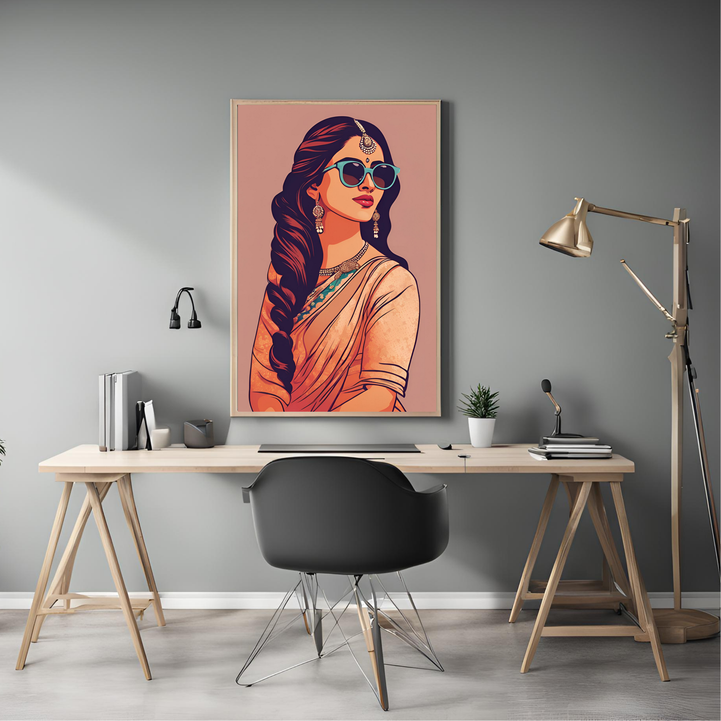 Saree & Sunglasses Neutral Framed A4 Fine Art Print - Portrait/Black