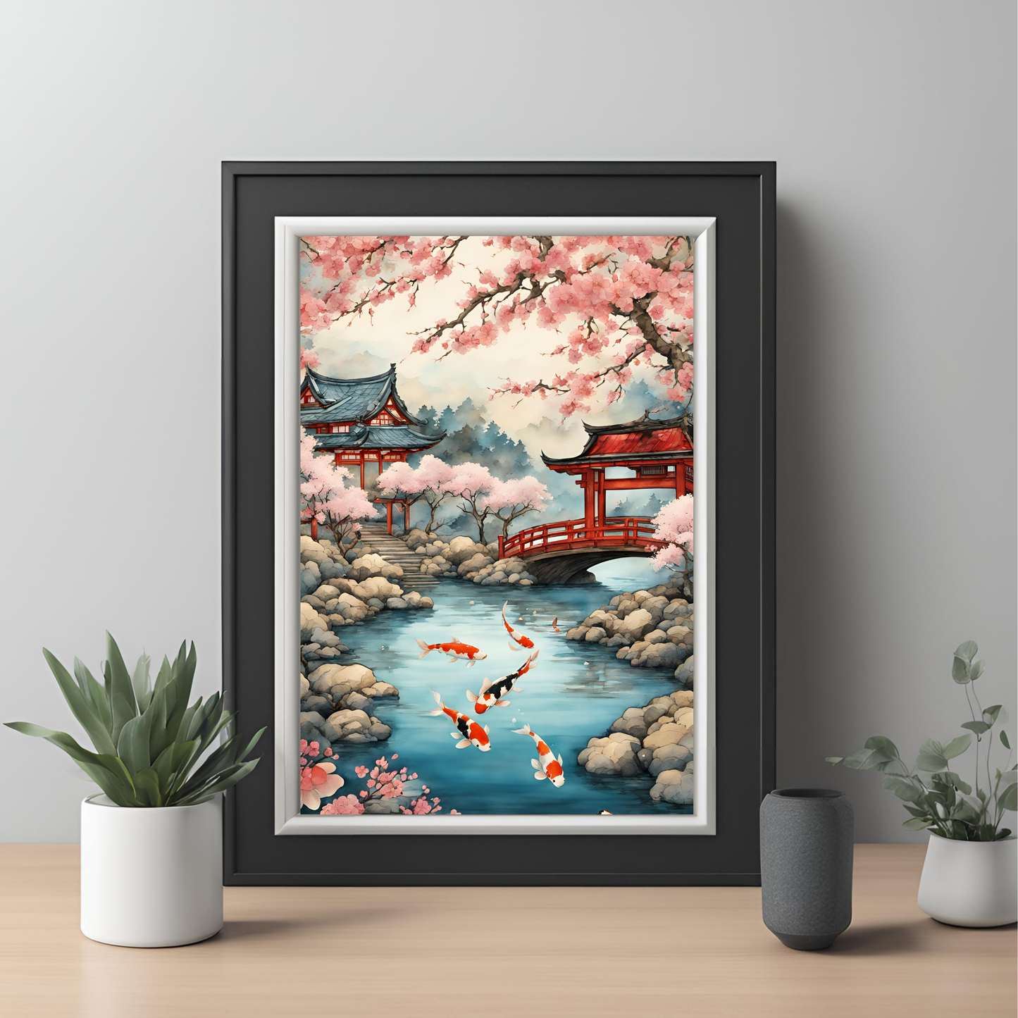 Japanese Koi Pond Landscape Digital Print - Instant Download