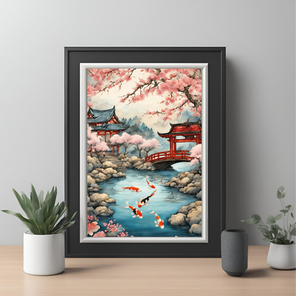 Japanese Koi Pond Landscape Digital Print - Instant Download