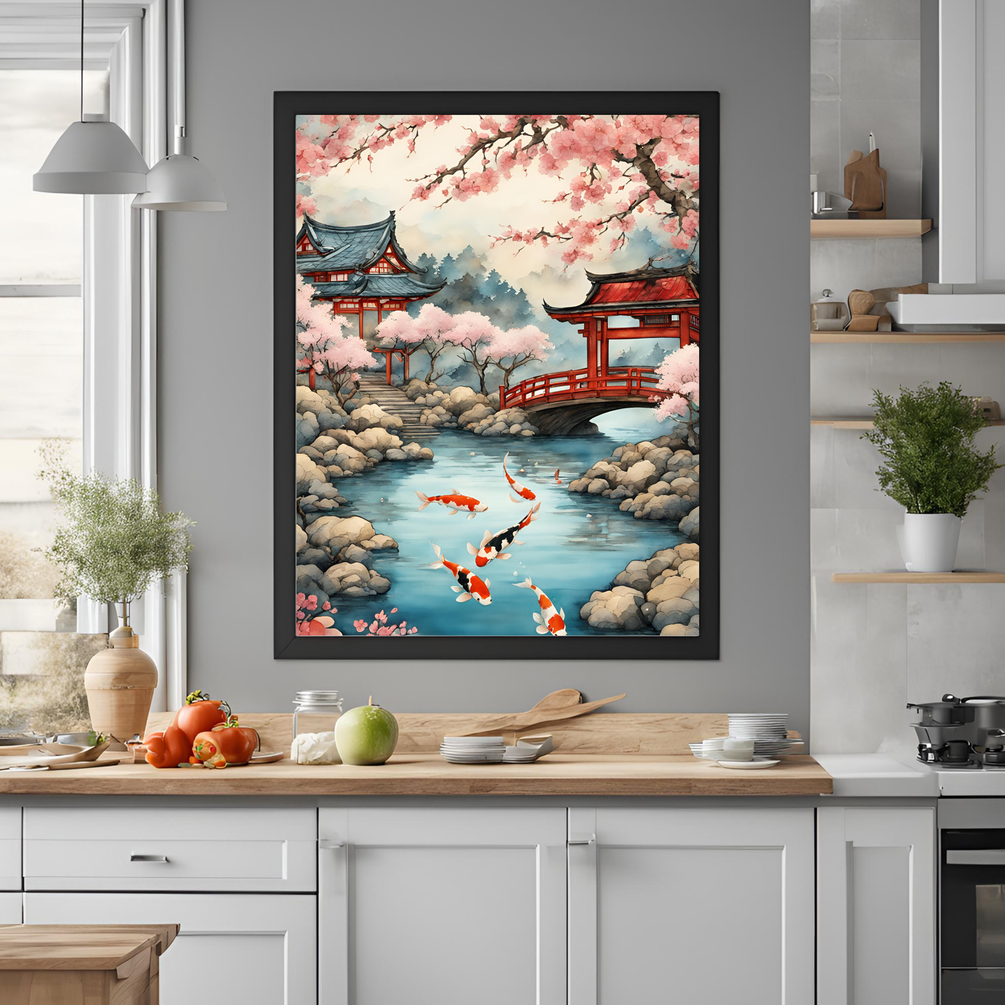Japanese Koi Pond Landscape Digital Print - Instant Download