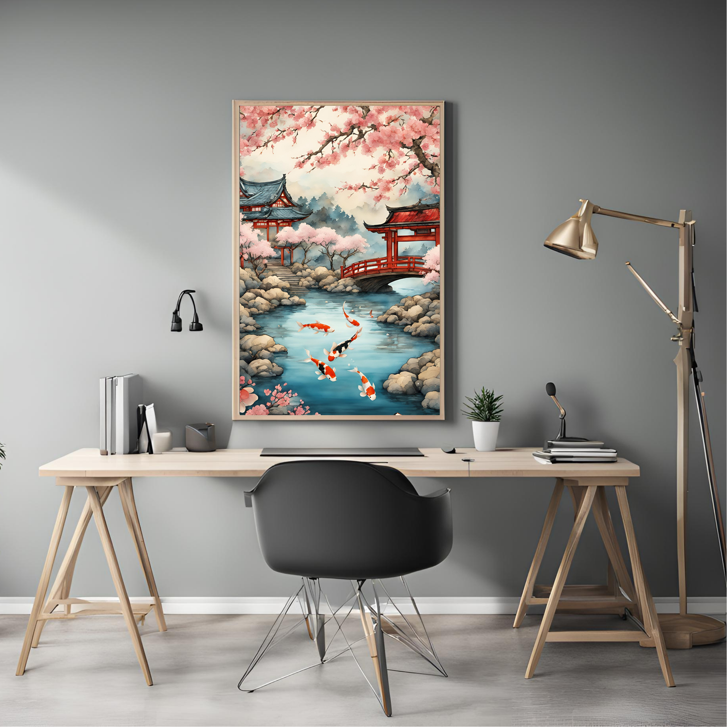 Japanese Koi Pond Landscape Digital Print - Instant Download