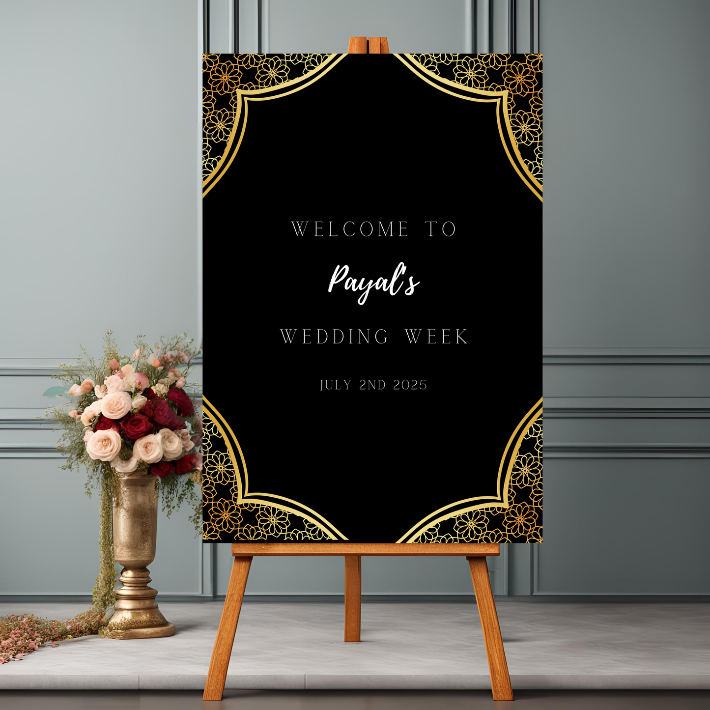 Black Gold Floral Entrance Board Digital Download - Online Template