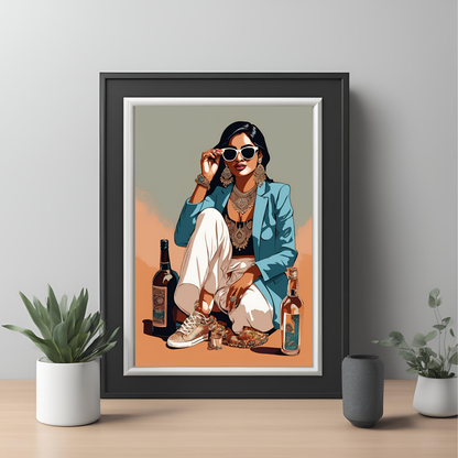 Desi Girl Drinks Framed A4 Fine Art Print - Portrait/Black