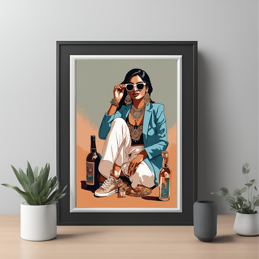 Desi Girl Drinks Framed A4 Fine Art Print - Portrait/Black