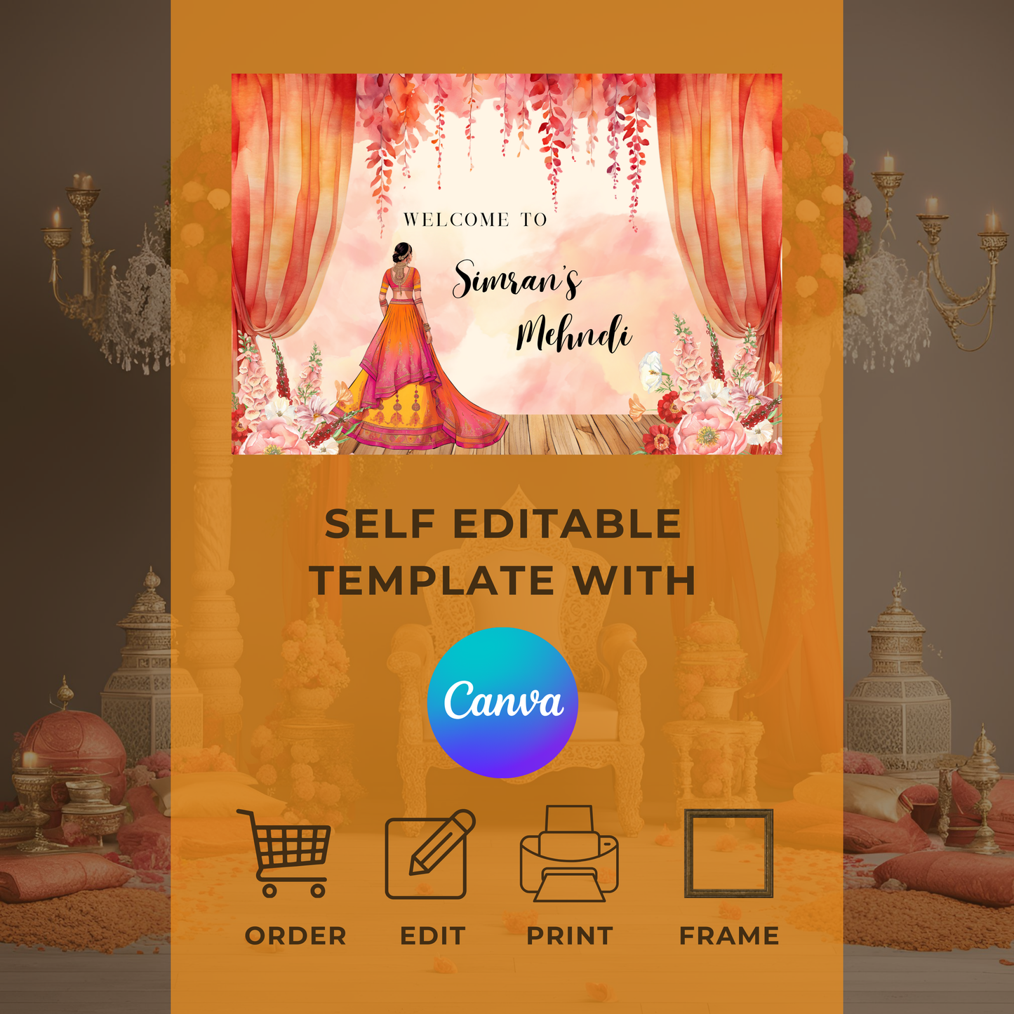 Watercolour Orange Mehndi Welcome Sign