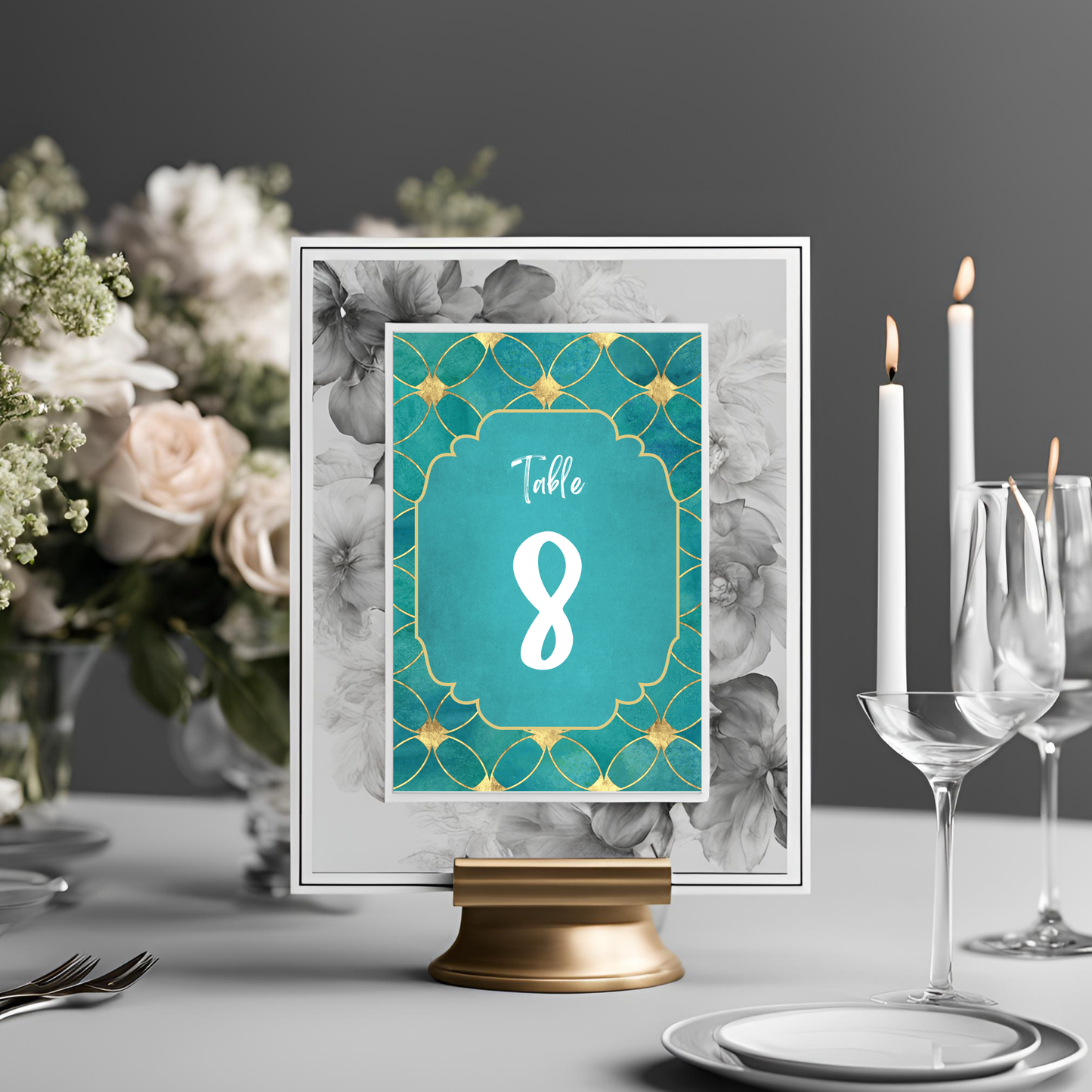 Peacock Teal Table Number Digital Download - Online Template