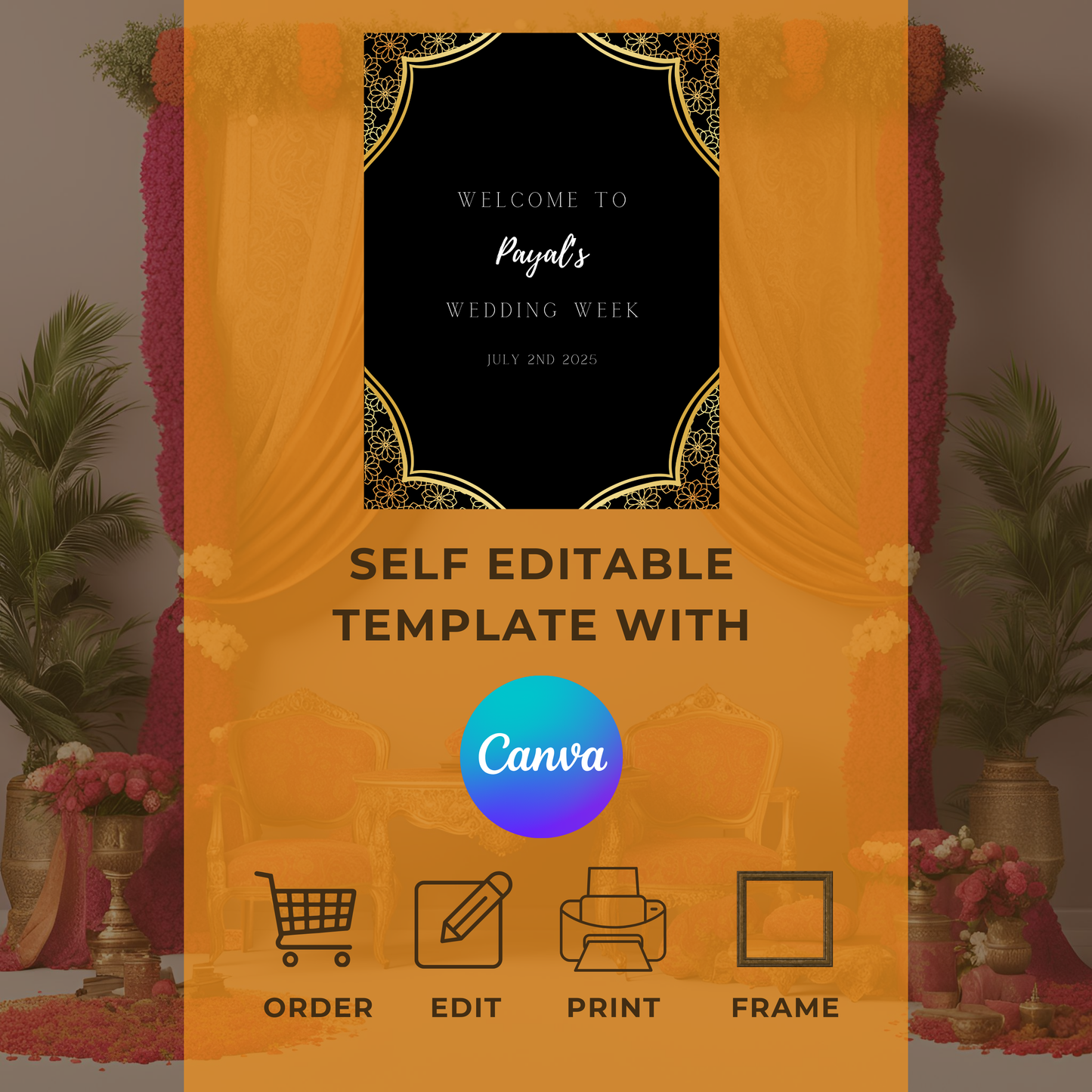 Black Gold Floral Entrance Board Digital Download - Online Template