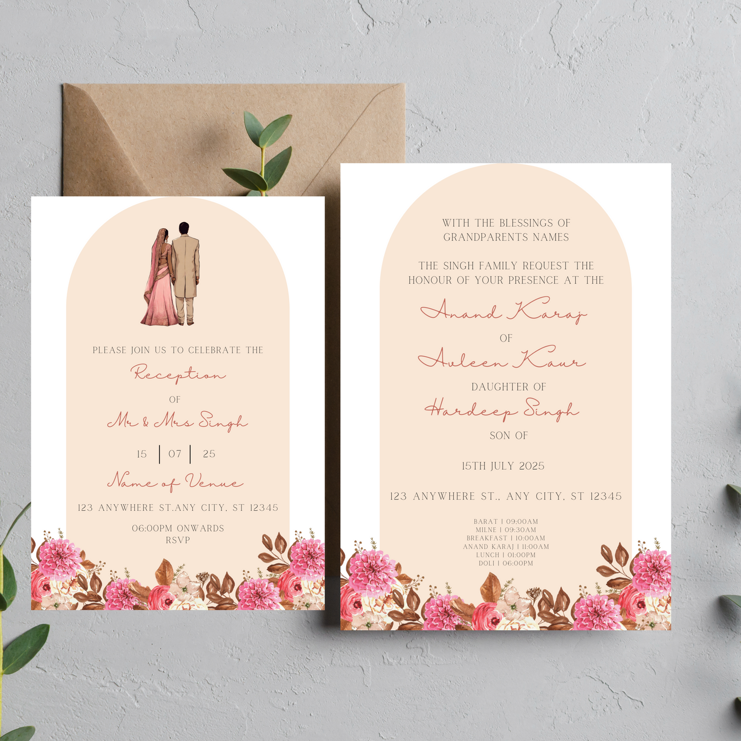 Pink Peach Invite Inserts Digital Download 6pcs - Online Template