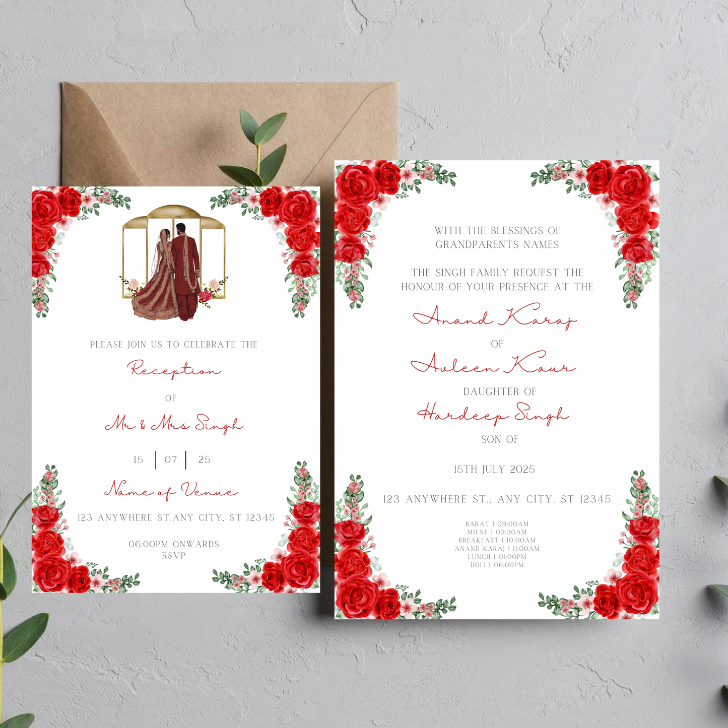 Red Roses Invite Inserts Digital Download 6pcs - Online Template