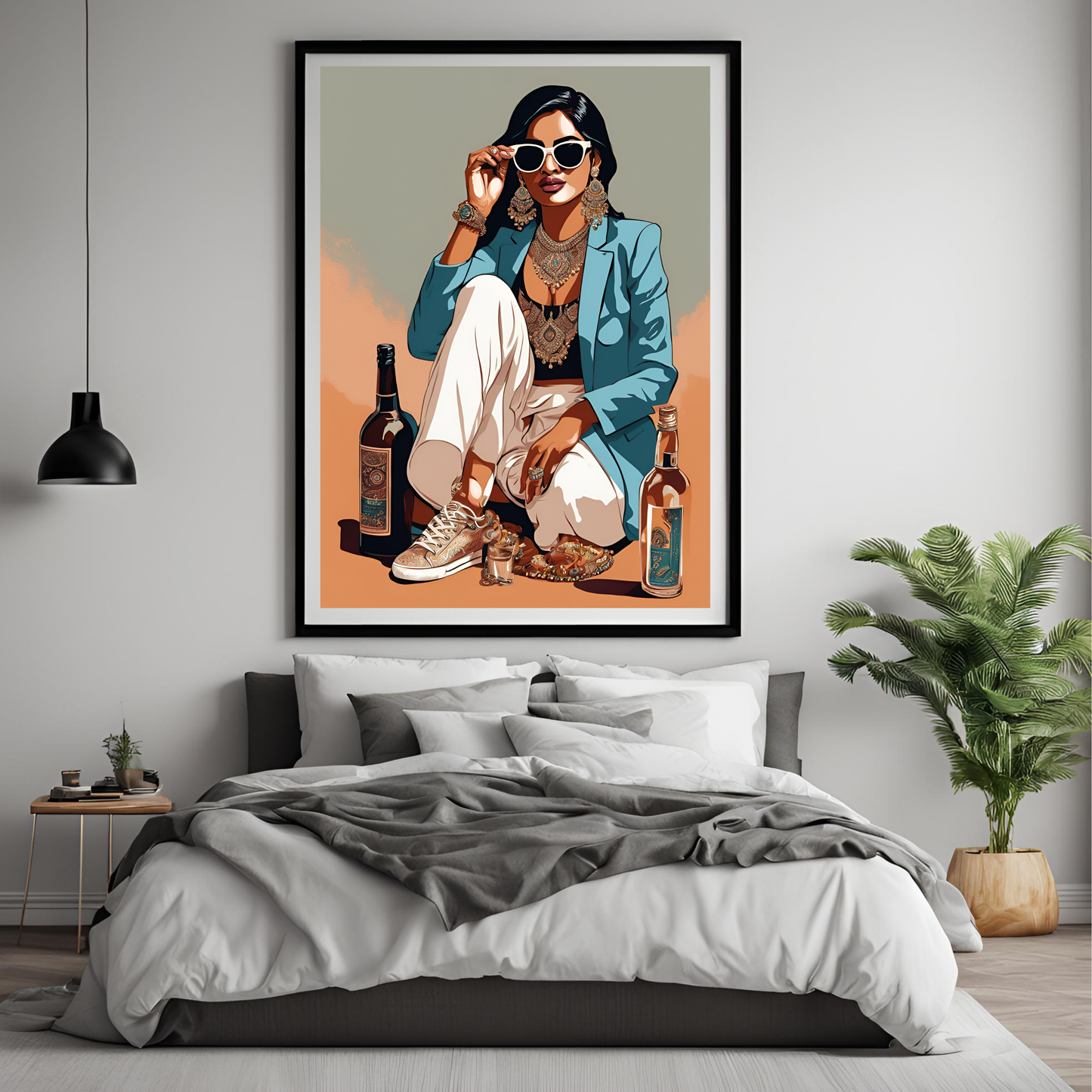 Desi Girl Drinks Framed A4 Fine Art Print - Portrait/Black