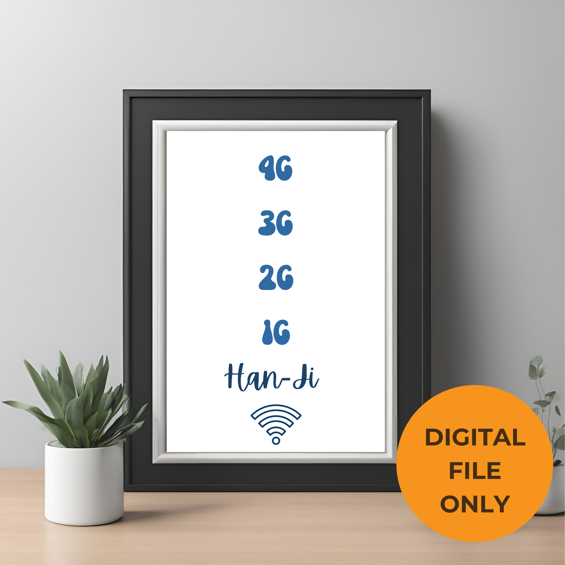 Digital print of '4G, 3G, 2G, 1G' text in bubble hand lettering, perfect for home decor with a modern desi vibe. Vibrant and artistic design ideal for Indian-themed spaces or unique wall art. Downloadable print for tech-inspired interiors.