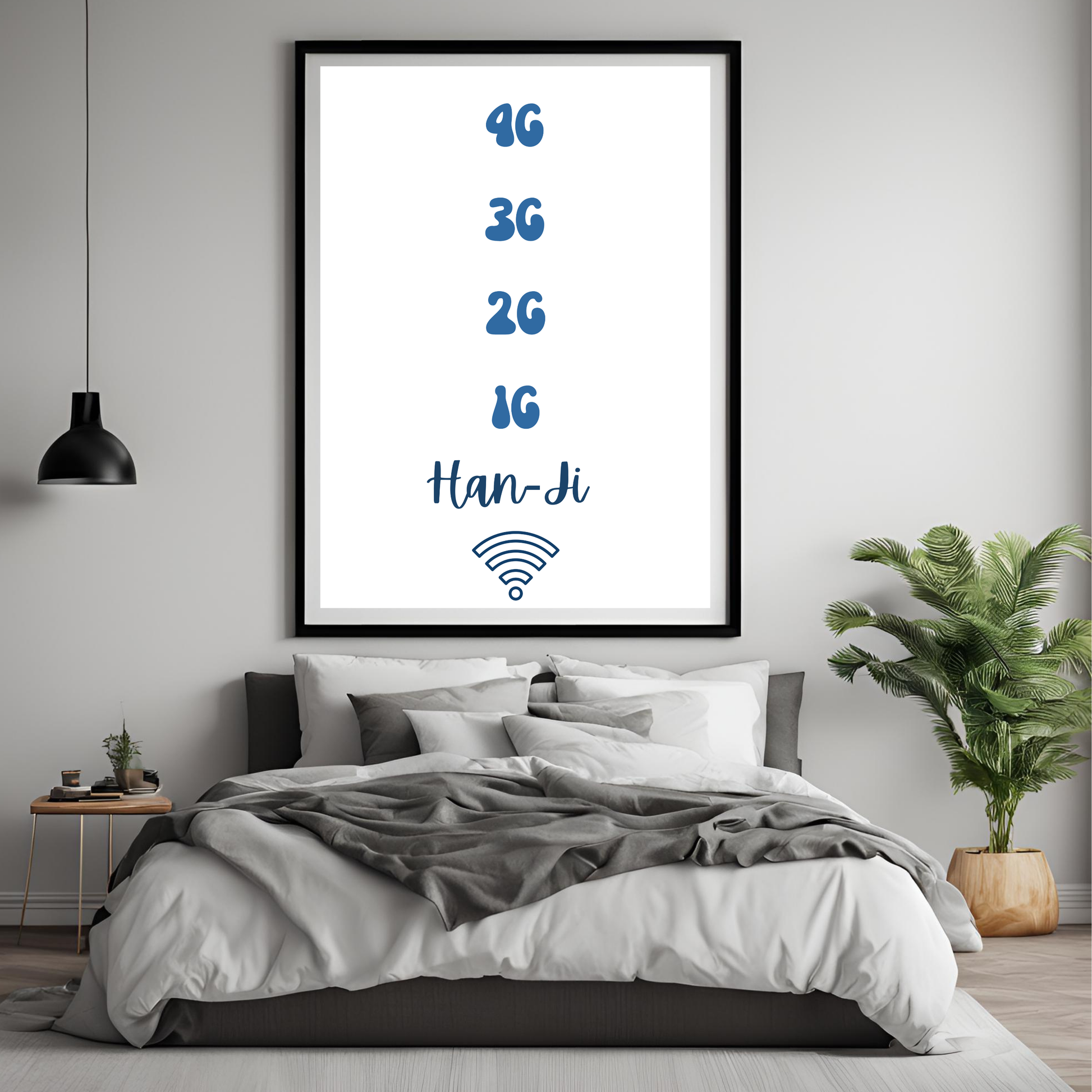 Digital print of '4G, 3G, 2G, 1G' text in bubble hand lettering, perfect for home decor with a modern desi vibe. Vibrant and artistic design ideal for Indian-themed spaces or unique wall art. Downloadable print for tech-inspired interiors.